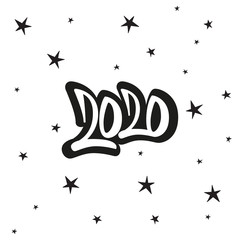 Greeting card design template with star and calligraphy for 2020 happy new year. Black number 2020 hand drawn lettering.