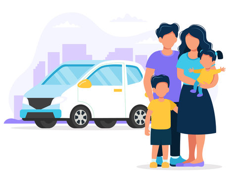 Happy family with car and city background. Concept illustration for buying car or travelling. Vector illustration in flat style