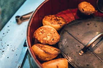Sheng Jian Bao: Fried white pork bun topping with sesame. Street food of Jiantan in Taipei, Taiwan.