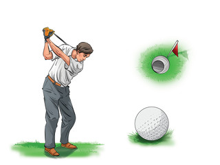 Man playing golf. He's about to hit the ball with his golf club. Golf ball and hole