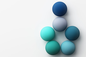 Set of colorful blue realistic spheres with fabric texture on white background. 3d rendering