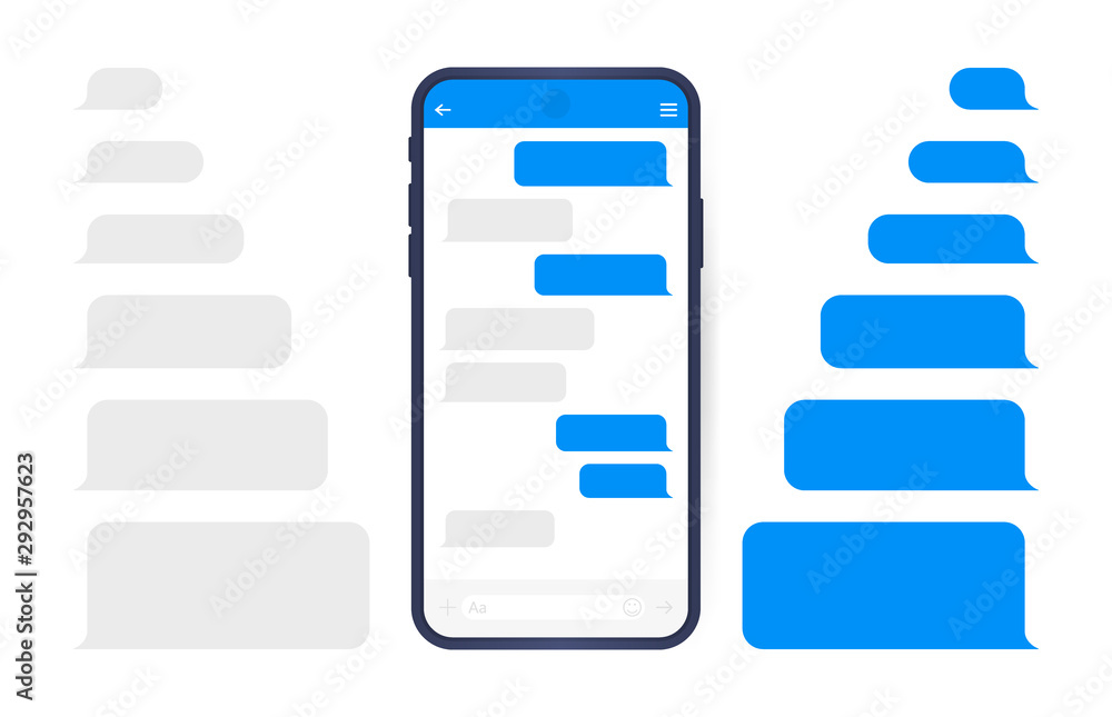 Poster smart phone with messenger chat screen. sms template bubbles for compose dialogues. modern vector il