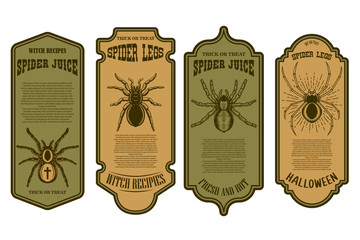 Spider juice. Spider legs. Halloween bottle label template. Design element for poster, card, banner, sign. Vector illustration