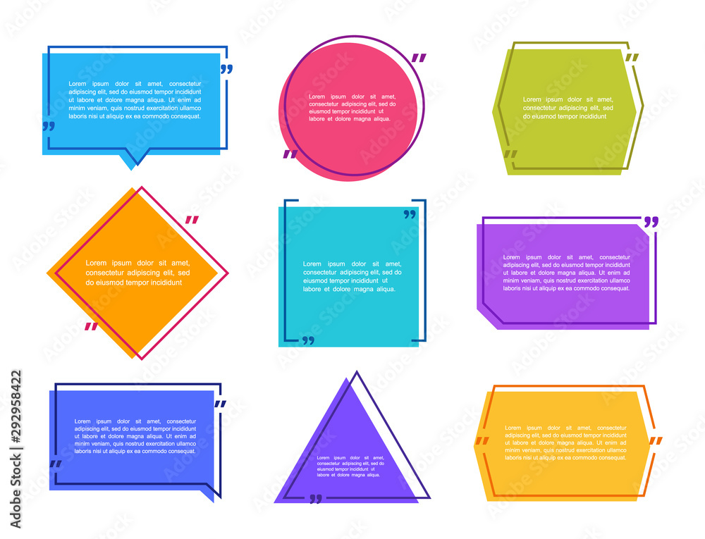 Poster super set different shape geometric texting boxes. colored quote box speech bubble. modern flat styl