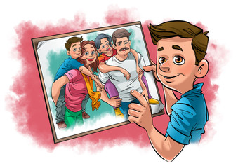 The boy is holding a photo of his family in his hand. The boy's happy family is in the photo. Family posed together.