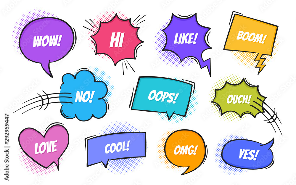 Poster super set retro colorful comic book text speech bubble in pop art style with halftone shadows. talk 