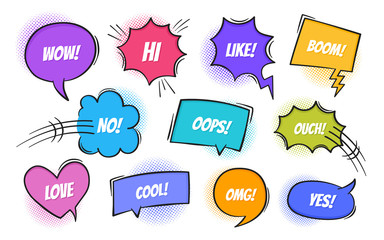 Super set retro colorful comic book text speech bubble in pop art style with halftone shadows. Talk chat retro speak message with different expression text. Vector illustration, retro pop art style