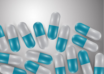Background with bright pills, capsules. Vitamin pills for good health and antibiotics. Poster banner for website. Pharmacy, painkiller capsules and medications.