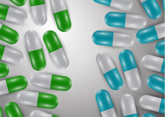Background with bright pills, capsules. Vitamin pills for good health and antibiotics. Poster banner for website. Pharmacy, painkiller capsules and medications.