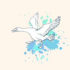 Hand drawn White goose on top of abstract blue stops on a beige background