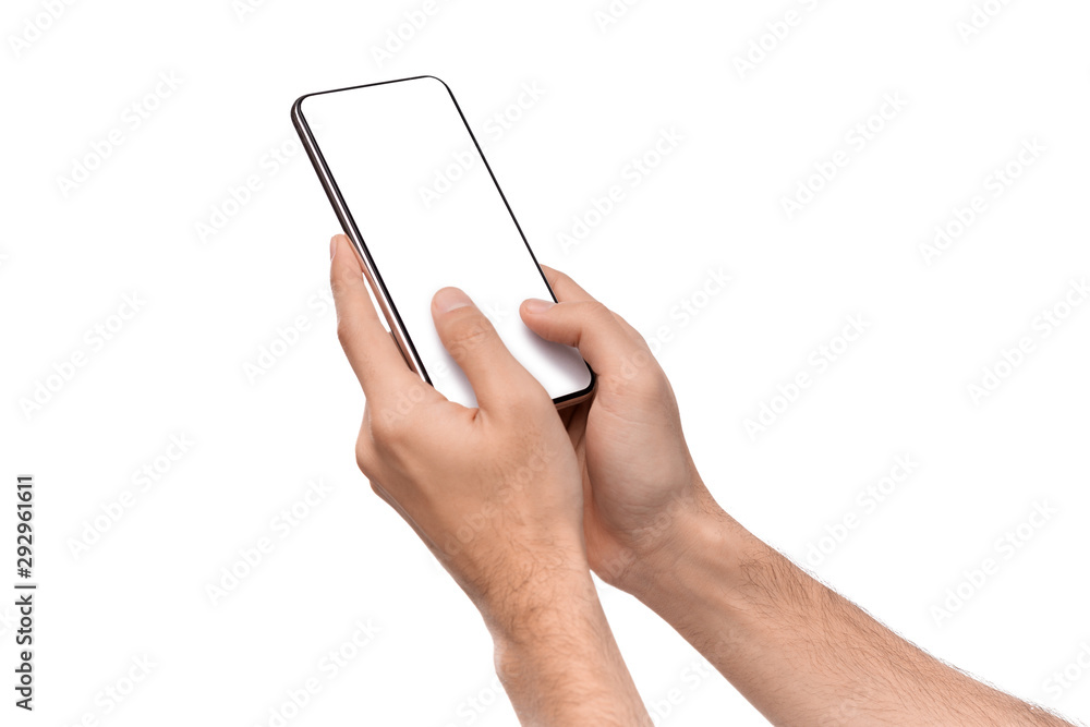 Poster Man's hands texting on smartphone with blank screen