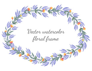 Vector watercolor oval frame with floral ornaments and lavender and eschscholzia flowers