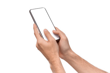 Man's hands texting on smartphone with blank screen