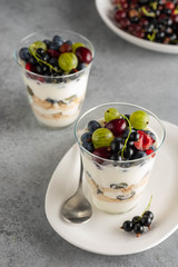Tiramisu with berries in glasses on grey background. Italian dessert. Copy space.