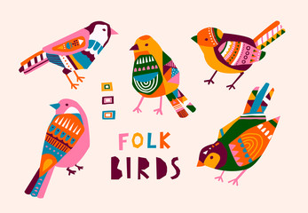 Various birds with different folk ornaments. Paper cut scandinavian style. Flat design. Hand drawn colored vector set. Modern trendy illustration. All elements are isolated