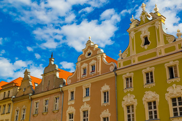 Fototapeta na wymiar Colorful facades of ancient medieval houses. Opole. Poland