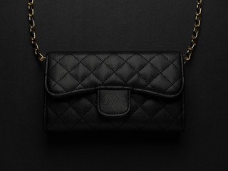Close-up and top view of elegance women's accessories fashion black shoulder leather bag with...
