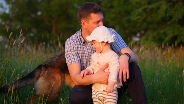 Father hold little baby girl, big German Shepherd dog quickly come, sniff to child and go away. Young family rest at nature with animals at summer evening