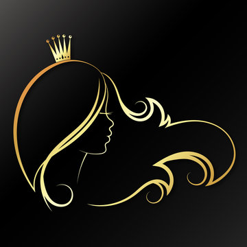 recommend clip art: Girl with a golden crown on her head and curls of hair. Silhouette for beauty salon and hairdresser