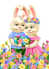 two loving rabbit in flowers