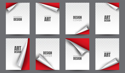 Set of A4 format sheets with curved corners. Vector overlay illustration. Templates with shadows. Foil. Glossy business paper. Eps 10. Graphic elements for design. Flipping page set with red backdrop