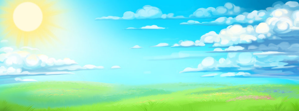 background with field, flowers and sky