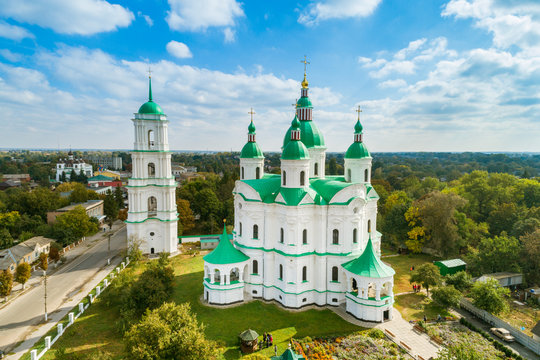 Aerial autumn view of Cathedral of the Nativity of the Blessed Virgin in Kozelets town, Chernihiv region, Ukraine.