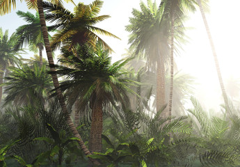 Fototapeta na wymiar Tropical jungle in the fog. Palms in the morning. 3d rendering. 