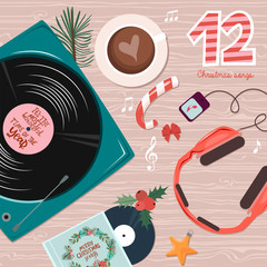 Christmas Advent Calendar, Day 12. Listen to Christmas songs. Music in the player. Lifestyle Vector Illustration.