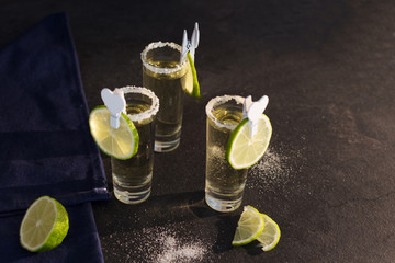 Shot glasses of gold tequila with a rim of salt, and lime slices.