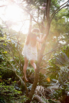 A little girl collecting easter eggs and climbing a tree
