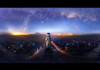 Artistic illustration of an astronaut exploring new world in other dimension