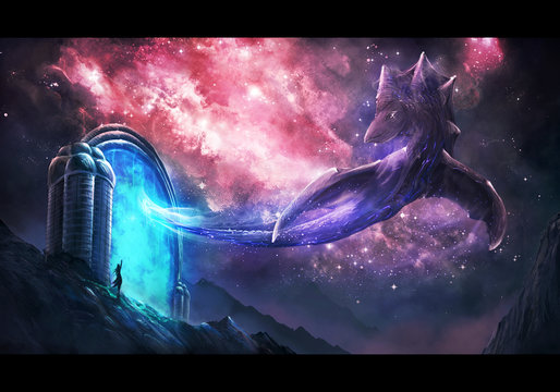 Artistic illustration of a dragon getting out of a dimensional gate
