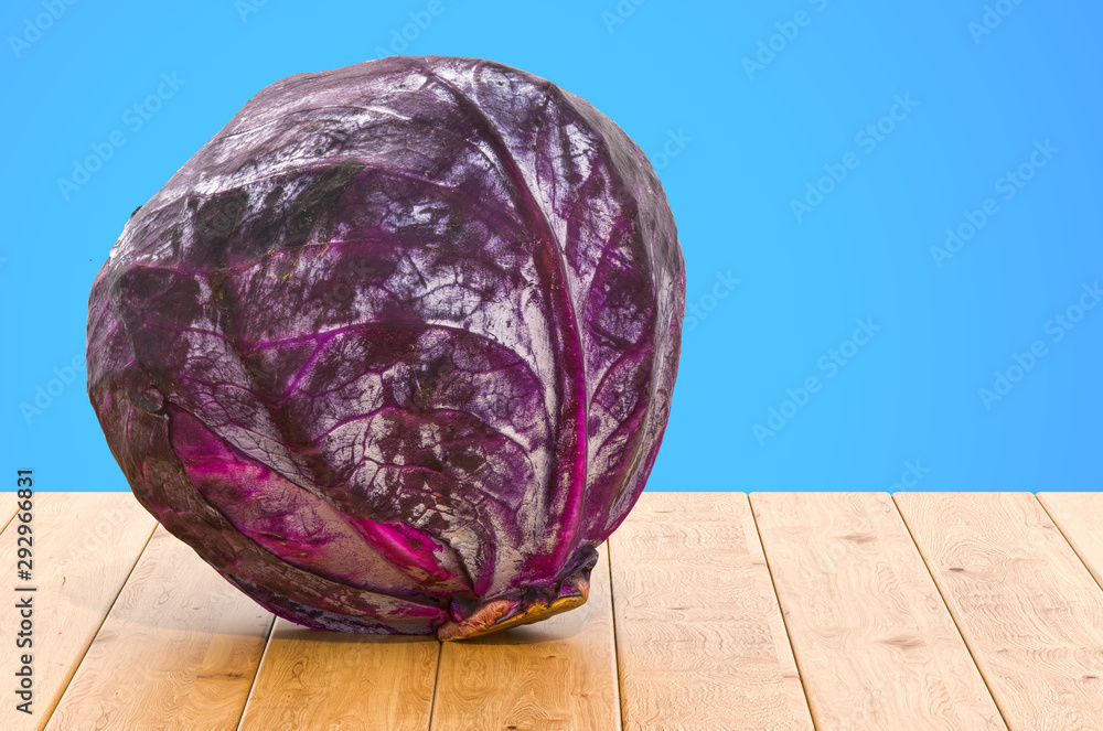 Poster purple cabbage 3d rendering with realistic texture on the wooden table