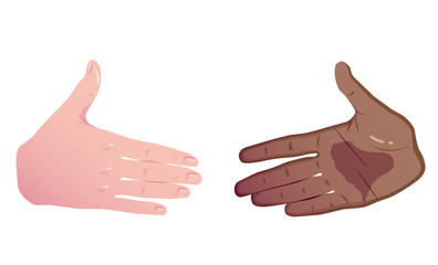 interracial business. Equality in trade. Two hands white and black before handshake. Vector Flat Concept Isolated on white
