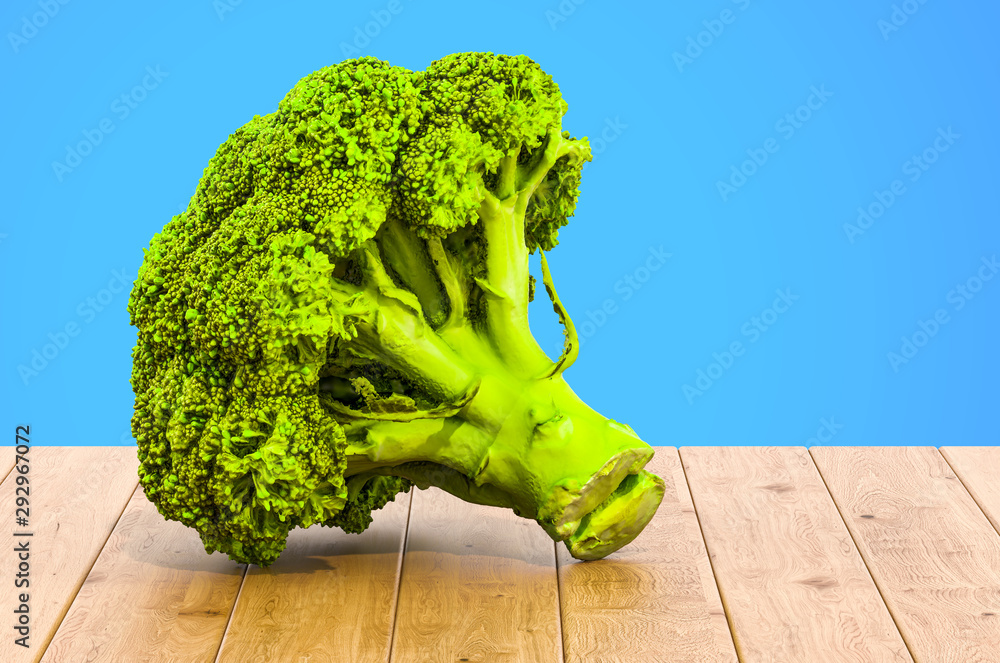 Poster Broccoli cabbage close-up 3d rendering with realistic texture on the wooden table