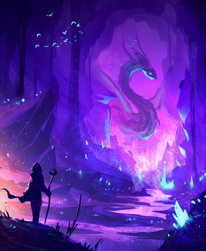 Abstract illustration of a warrior facing a dragon in cave