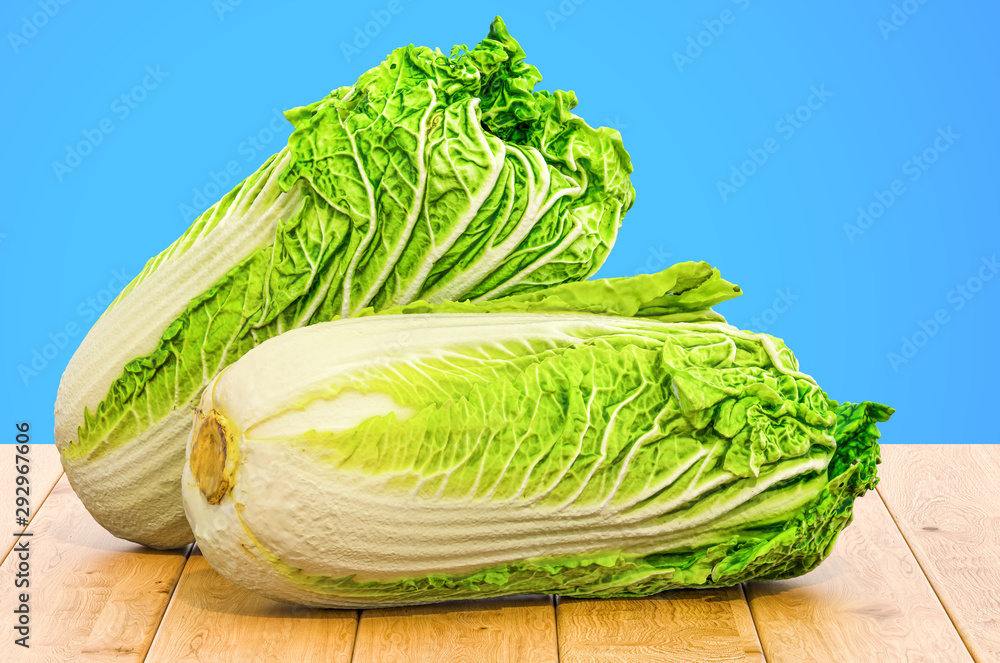 Poster napa cabbages close-up 3d rendering with realistic texture on the wooden table