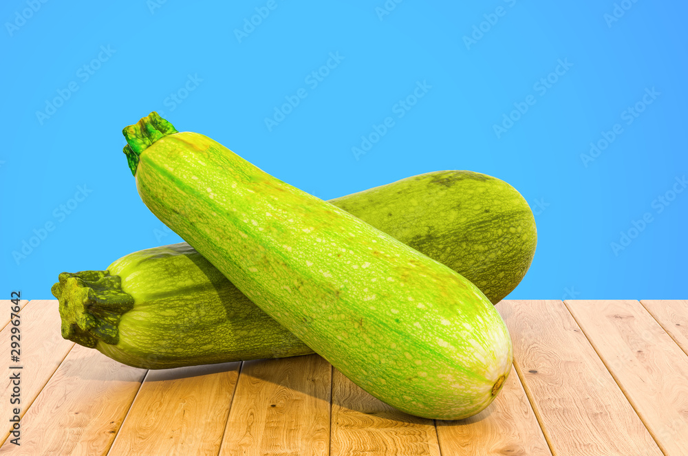 Poster courgettes or zucchini close-up 3d rendering with realistic texture on the wooden table