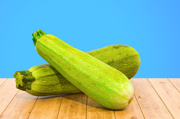 Courgettes or zucchini close-up 3d rendering with realistic texture on the wooden table