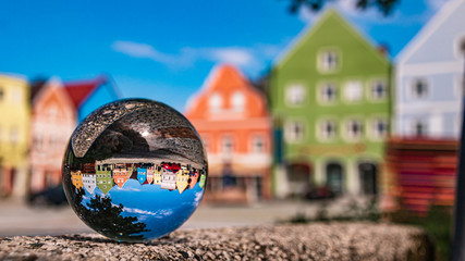 Crystal ball landscape shot at Obernberg am Inn, Upper Austria, Austria