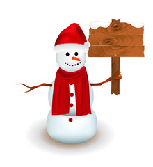 Cute snowman holding wooden sign. vector