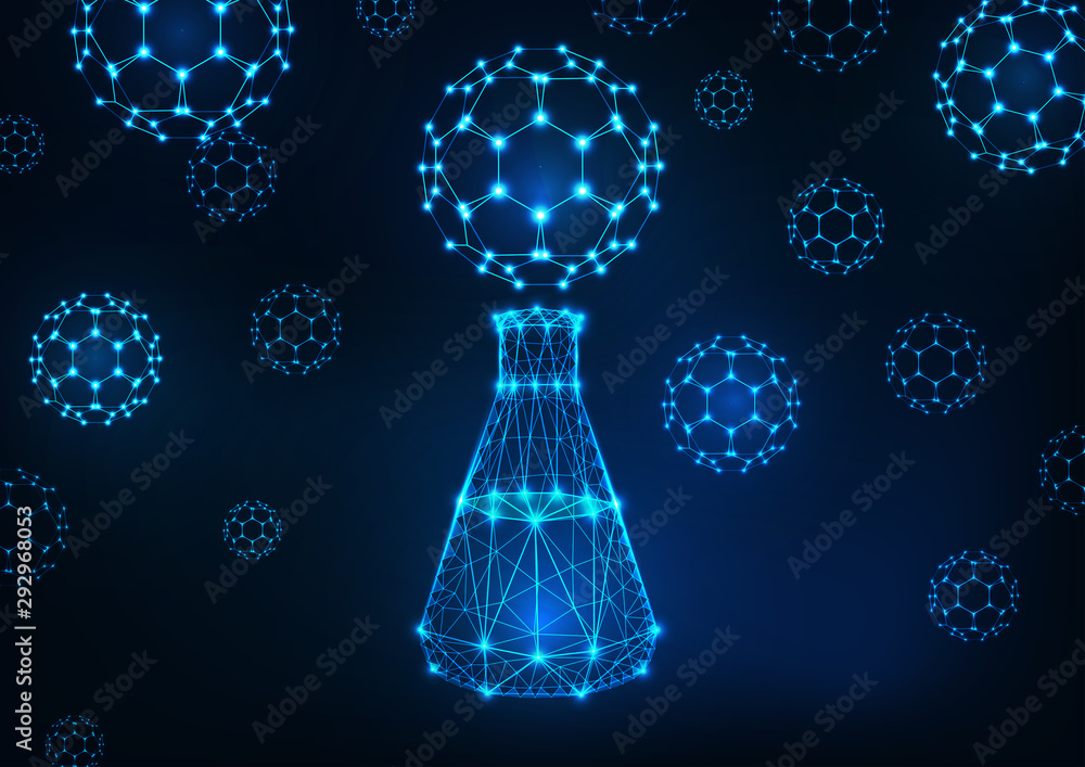Wall mural futuristic science background with glowing low polygonal flask and fullerene buckyball molecules.