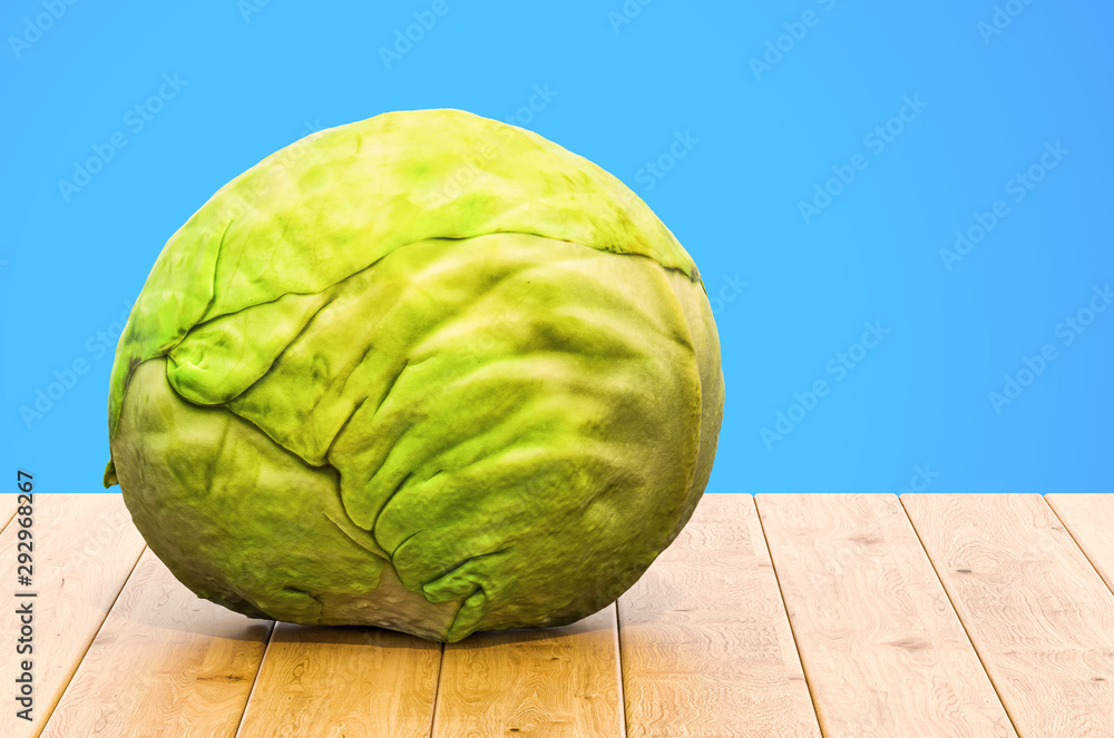 Poster cabbage close-up 3d rendering with realistic texture on the wooden table