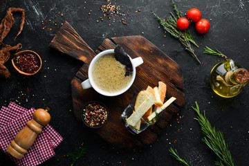 Mushroom soup puree. Dishes, food. Top view. Free space for your text.