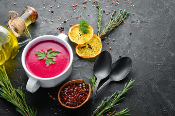 Beet soup. Borsch. Dishes, food. Top view. Free space for your text.