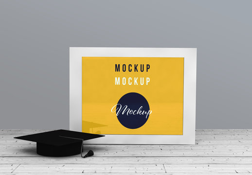 White Horizontal Frame with Graduation Cap Mockup