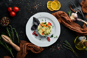 Rice with vegetables. Risotto. Dishes, food. Top view. Free space for your text.