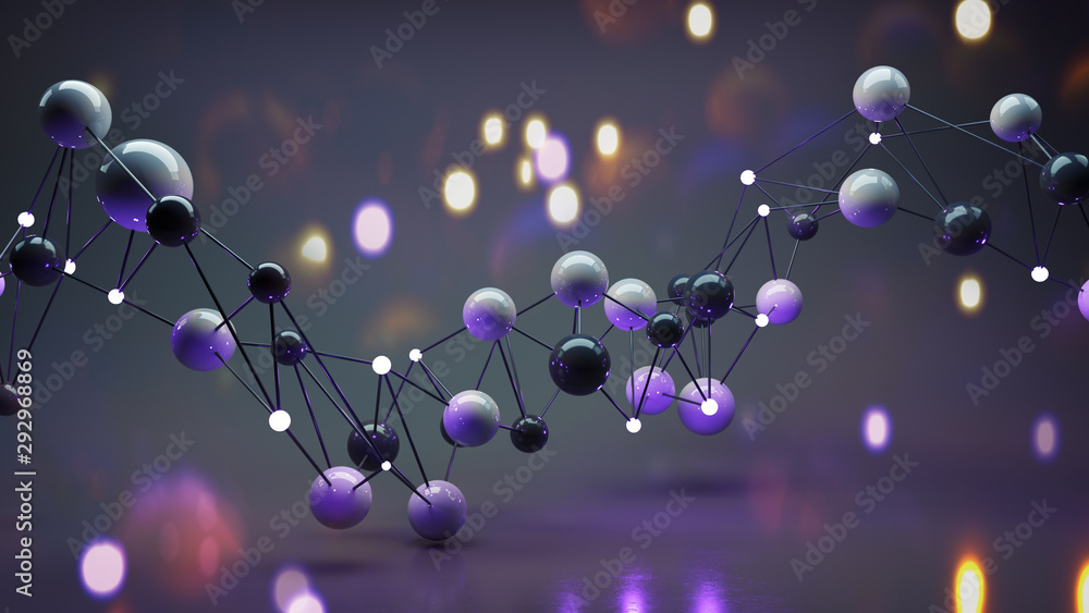 Poster twisted wireframe mesh of shiny spheres 3d render