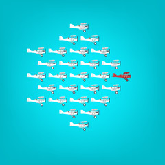 Red plane as a leader among others, leadership, teamwork, motivation, stand out of the crowd concept, EPS10 vector